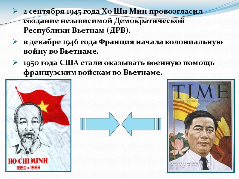 2 сентября 1945 года Хо Ши Мин провозгласил создание независимой Демократической Республики Вьетнам (ДРВ).